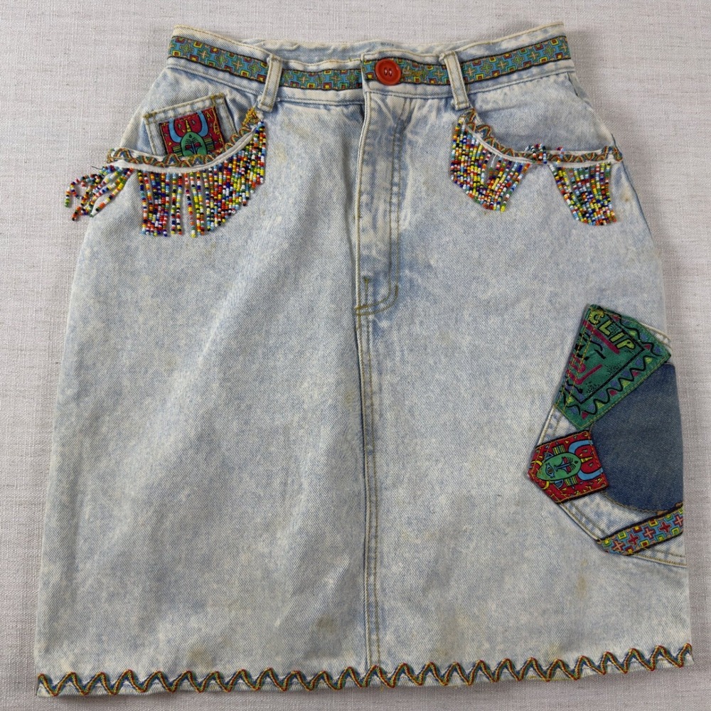 Vintage Acid Wash Denim Mini Skirt Beaded Fringe Tribal Patch Boho 90s Blue